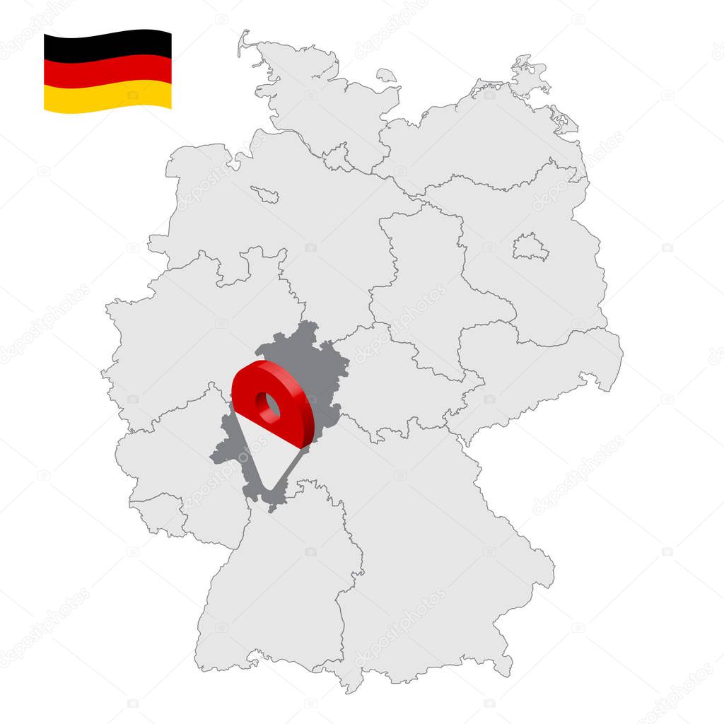 Location of  Hessen on map Federal Republic of Germany. 3d Hessen location sign similar to the flag of Hessen. Quality map of Germany with regions. EPS10.