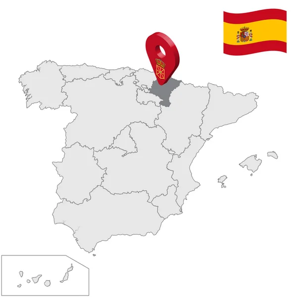 Lage von Navarra auf der Landkarte Spanien. 3d autonome Gemeinschaft Navarre Ortsschild ähnlich der Flagge von Navarra. Qualitätskarte mit Regionen Königreich Spanien. Aktienvektor. eps10. — Stockvektor