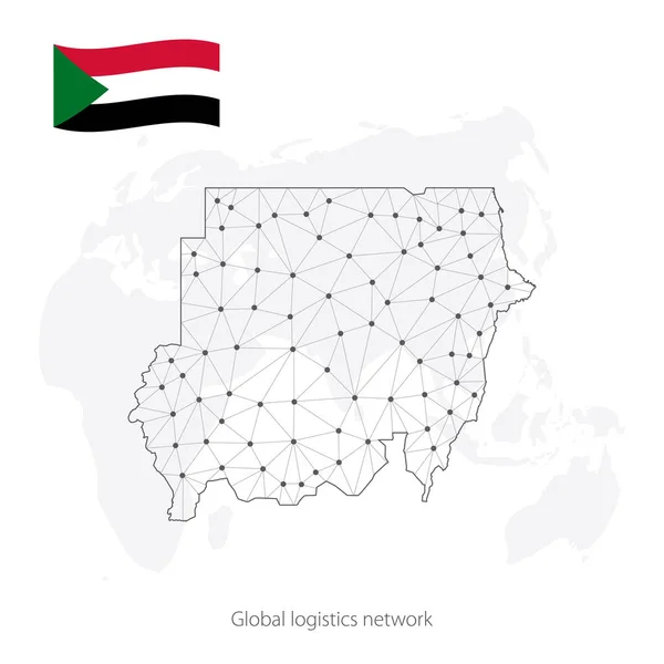 Concepto de red logística global. Mapa de la red de comunicaciones de Sudán en el contexto mundial. Mapa de Sudán con nodos en estilo poligonal y bandera nacional. EPS10 . — Archivo Imágenes Vectoriales