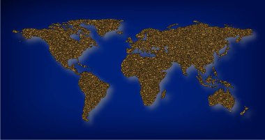 Dünya haritası sembolü illüstrasyonu, altın gezegen coğrafya ikonu koyu mavi arka planda altın parıltı tozundan yapılmış. Eps10 vektörü.