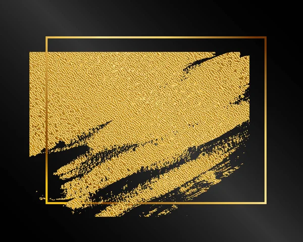 Fondo de pincel dorado texturizado pintado a mano abstracto con marco geométrico dorado. Pincelada de pincel de polvo dorado sobre fondo negro para presentaciones, volantes, folletos, postales y carteles. EPS10 . — Vector de stock