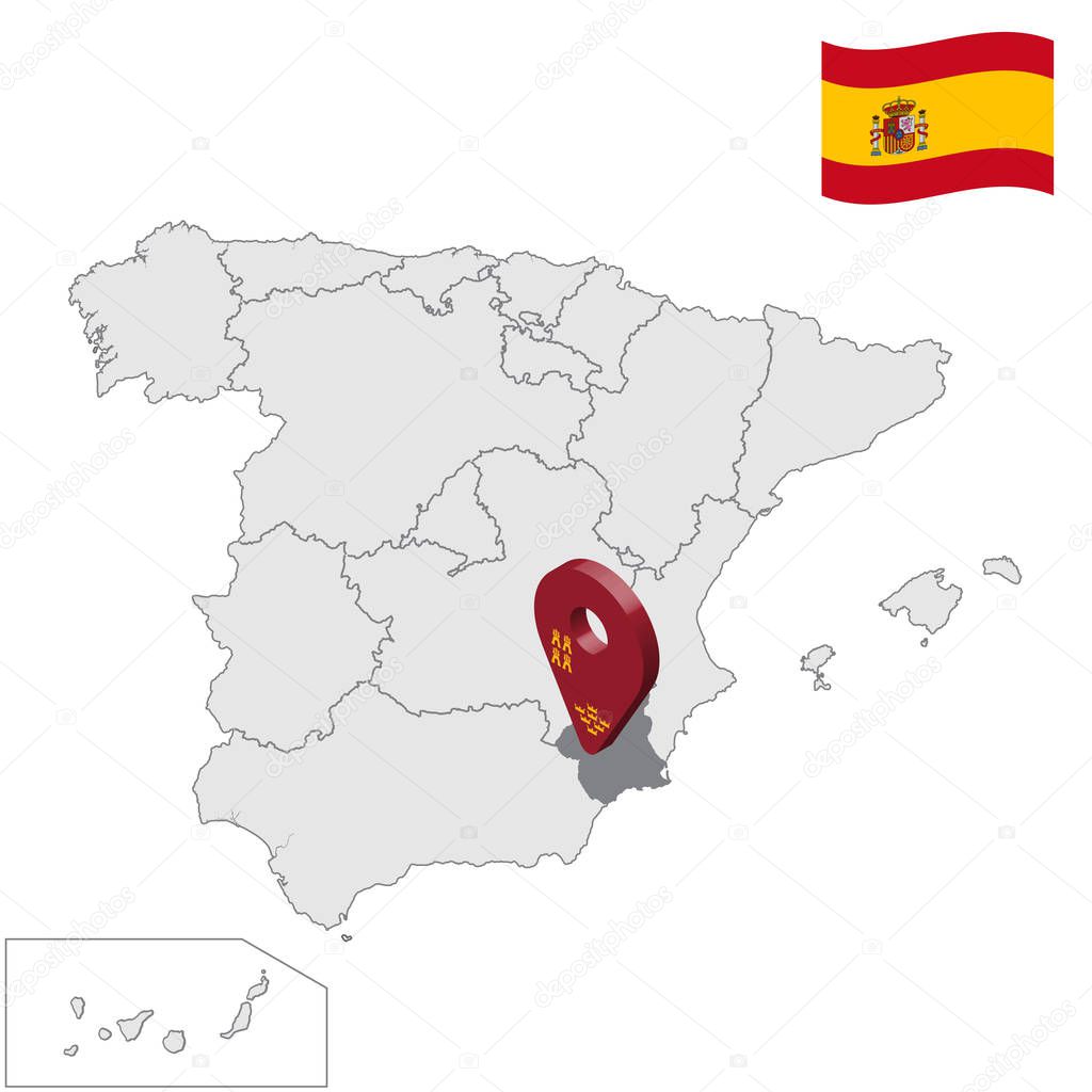 Location of Murcia on map Spain. 3d Murcia location sign similar to the flag of Murcia. Quality map  with regions Kingdom of Spain. Stock vector. EPS10.