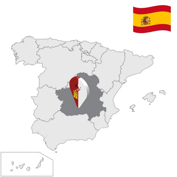 Ubicación de Castilla La Mancha en el mapa España. 3d Castilla La Mancha señal de ubicación similar a la bandera de Castilla La Mancha. Mapa de calidad con regiones Reino de España. Vector de acciones. EPS10 . — Vector de stock