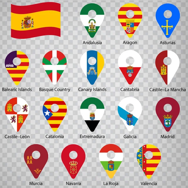 Diecisiete banderas de la Comunidad Autónoma de España - orden alfabético con nombre. Conjunto de letreros de geolocalización 2d como banderas tierras de España. Diecisiete signos de geolocalización para su diseño, logotipo. EPS10 . — Vector de stock