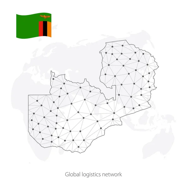 Koncept globální logistické sítě. Komunikační mapa Zambie na světovém pozadí. Mapa Zambie s uzly v polygonálním stylu a národní vlajkou. Eps10. — Stockový vektor