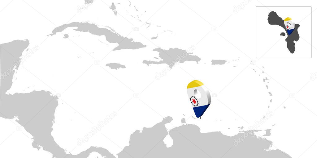 Location Map Bonaire on map Central America. 3d Bonaire flag map marker location pin. High quality map of Bonaire. Antilles. Central America.  Netherlands. Vector illustration EPS10.