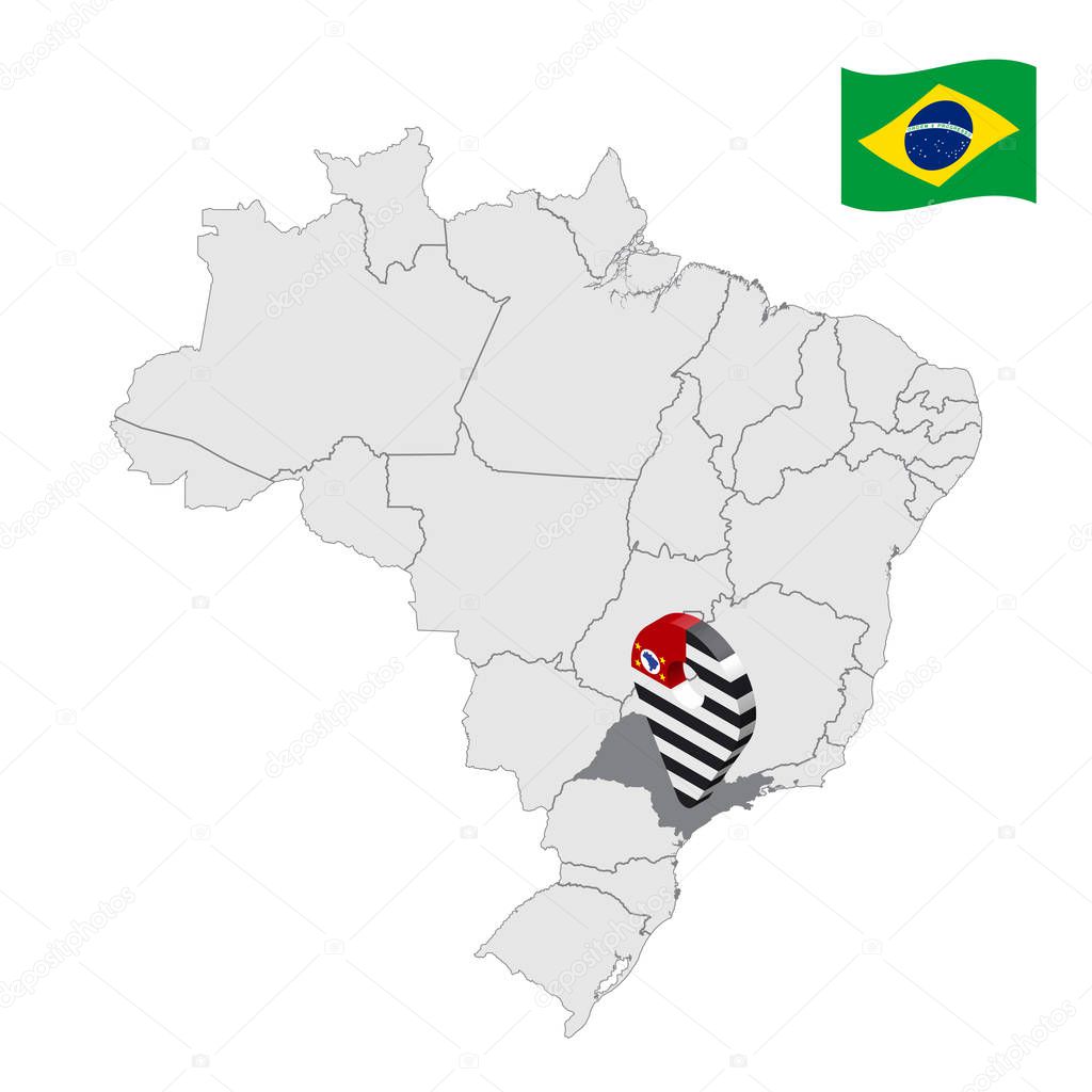 Location of Sao Paulo on map Brazil. 3d Sao Paulo location sign similar to the flag of Sao Paulo. Quality map  with regions of Brazil. Federal Republic of Brazil. EPS10.