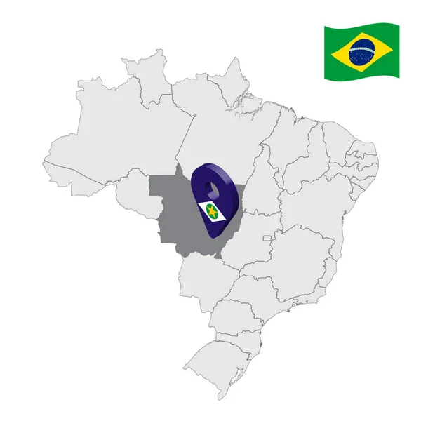 Placering av Mato Grosso på kartan Brasilien. 3d Mato Grosso plats skylt liknande flaggan Mato Grosso. Kvalitetskarta med regioner i Brasilien. Förbundsrepubliken Brasilien. Läpp10. — Stock vektor