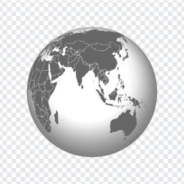 Tüm ülkelerin sınırlarıyla Dünya 'nın Küresi. Şeffaf arkaplanda gri renkli 3D Globe simgesi. Yüksek kaliteli bir dünya haritası. Asya, Avustralya, Okyanusya. Vektör çizimi. Bölüm 10. 