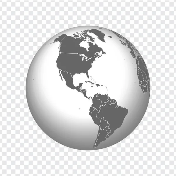 Globus Ziemi z granicami wszystkich krajów. Ikona 3D Globe w kolorze szarym na przezroczystym tle. Wysokiej jakości mapa świata w kolorze szarym. Ameryka Północna i Ameryka Środkowa. Ilustracja wektora. EPS 10. — Wektor stockowy