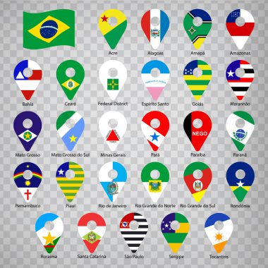 Twenty seven flags states of Brazil  - alphabetical order with name.  Set of 2d geolocation signs like flags states of Brazil.  Twenty seven geolocation signs for your design, logo. EPS10.