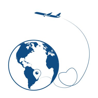 Küresel lojistik ağı. Uçak rotası kalp şeklinde. Romantik seyahat konsepti. Başlangıç noktası, dünya, kalp, uçak ve çizgi izi olan mavi çizgiler. Vektör illüstrasyonu Eps10.
