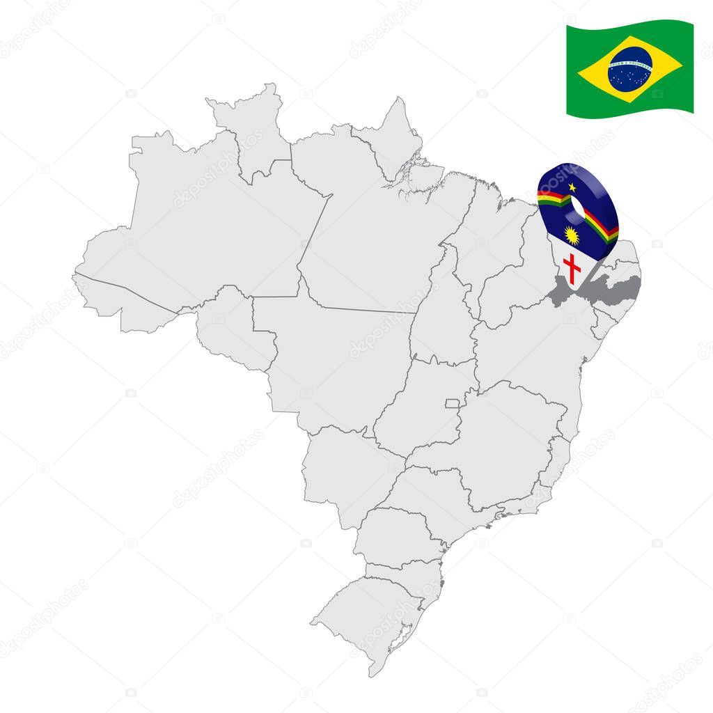 Location of Pernambuco on map Brazil. 3d Pernambuco location sign similar to the flag of Pernambuco. Quality map  with regions of Brazil. Federal Republic of Brazil. EPS10.