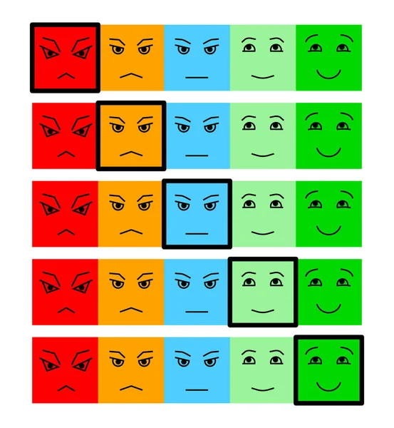 Cinco caras de color Feedback / estado de ánimo. Establecer cinco caras escala - sonrisa neutral triste - ilustración vectorial aislado. Rango o nivel de satisfacción. Diseño plano. Ilustración vectorial EPS10 . — Archivo Imágenes Vectoriales