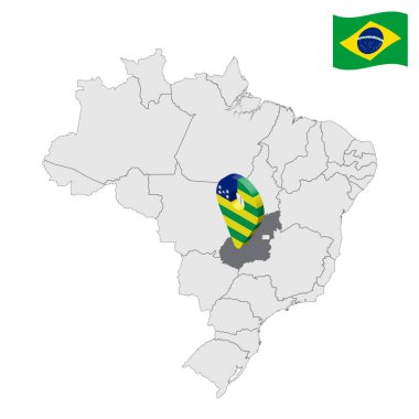 Brezilya haritasında Goias 'ın yeri. Goias 'ın bayrağına benzeyen 3D Goias işareti. Brezilya bölgelerinin kalite haritası. Brezilya Federal Cumhuriyeti. EPS10.