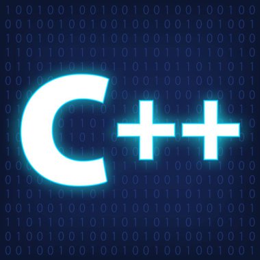 Machine code languages in neon style. Programming languages concept in blue.  C++ on binary code background.  Flat design. Vector illustration EPS10.
