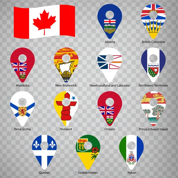 カナダの13州 アルファベット順の名前でフラグします カナダの国旗のような2番目の地理的表示のセット あなたのデザインのための13の地理的標識 Eps10 — ストックベクタ