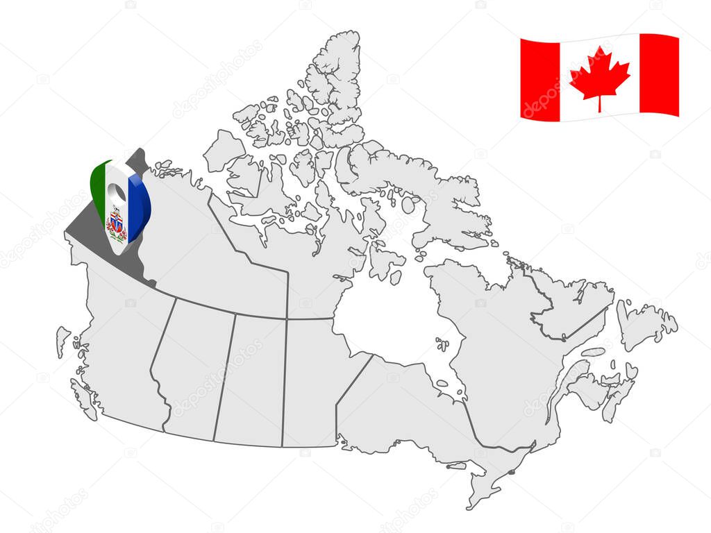 Location of  Yukon on map Canada. 3d Yukon location sign. Flag of Yukon. Quality map of Canada. Stock vector. EPS10.