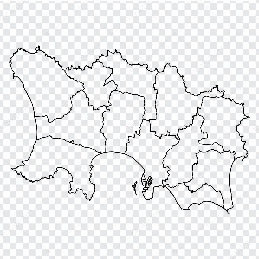 Blank map of Jersey. High quality map of Jersey with provinces on transparent background for your web site design, logo, app, UI.  Europe. UK. EPS10.