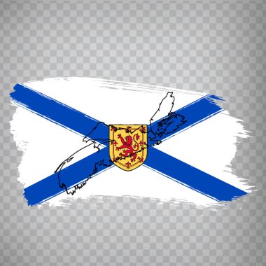 Fırça darbelerinden Nova Scotia bayrağı. Nova Scotia eyaletinin boş haritası. Kanada mı? Nova Scotia 'nın yüksek kaliteli haritası ve şeffaf arka planda bayrak. Hisse senedi. EPS10.