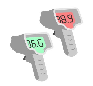 Tespit Bölgesi Logosu Covid-19. Yüksek veya normal vücut ısısı göstergelerine sahip tıbbi elektronik termometre, COVID-19. Hisse senedi. EPS10.