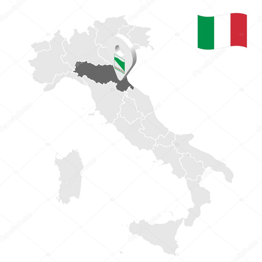 Location region Emilia Romagna on map Italy. 3d Emilia Romagna location sign. Quality map  with regions of Italy. Stock vector. EPS10.