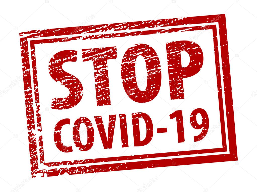 STOP COVID-19 grunge rubber rectangle stamp on white background.   Red vector rectangle textured seal stamp with STOP COVID-19 text inside rectangle.  Stock vector. EPS10.