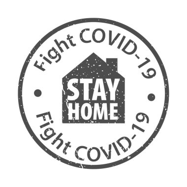Evde Kal kuralı gri daire şeklinde beyaz arka planda lastik mühür. Stamp Stay Home lastik mesaj içeride. Siluet evin mührü. COVID-19 'la savaşın. EPS 10