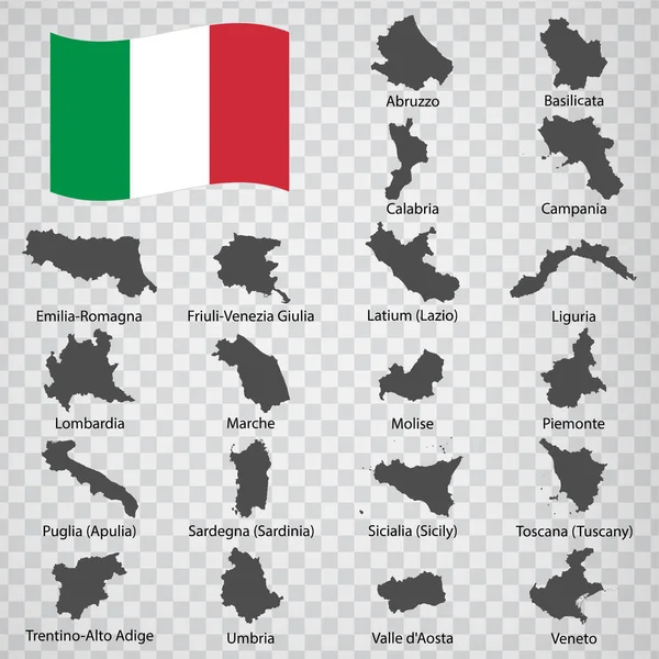 Veinte Mapas Región Italia Orden Alfabético Con Nombre Cada Mapa — Vector de stock