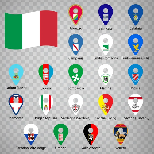 Twenty flags of Italy  - alphabetical order with name.  Set of 2d geolocation signs like flags lands of Italy. Twenty geolocation signs for your design, logo app, UI. EPS10.