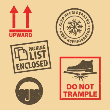 Kırılgan etiket seti Soğutulmuş simge ambalaj sembollerini tutun, karton arka planda lastik damgayı çiğnemeyin, vektör illüstrasyonunu tutun. Paket üzerinde kullan. EPS10.