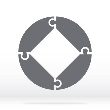 Gri renkli basit bir ikon dairesi bulmacası. Dört elementten oluşan basit bir simge çemberi bulmacası ve gri arka planda merkez. Düz dizayn. Vektör illüstrasyonu EPS10.