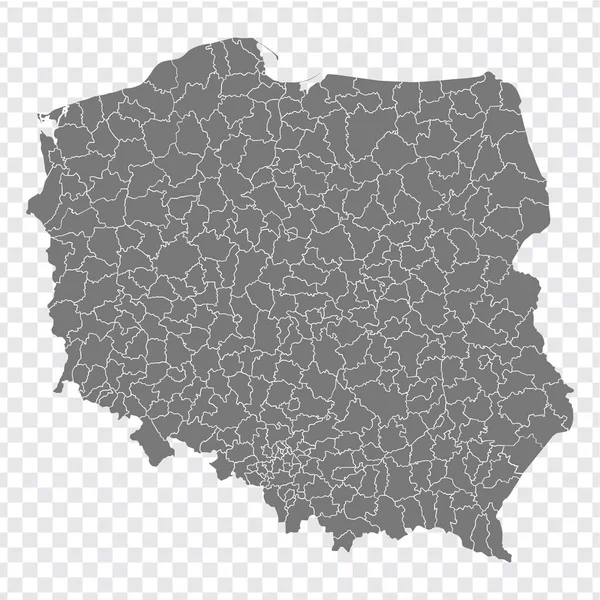 Blanco Kaart Republiek Polen Stadsdelen Van Polen Kaart Hoge Gedetailleerde — Stockvector