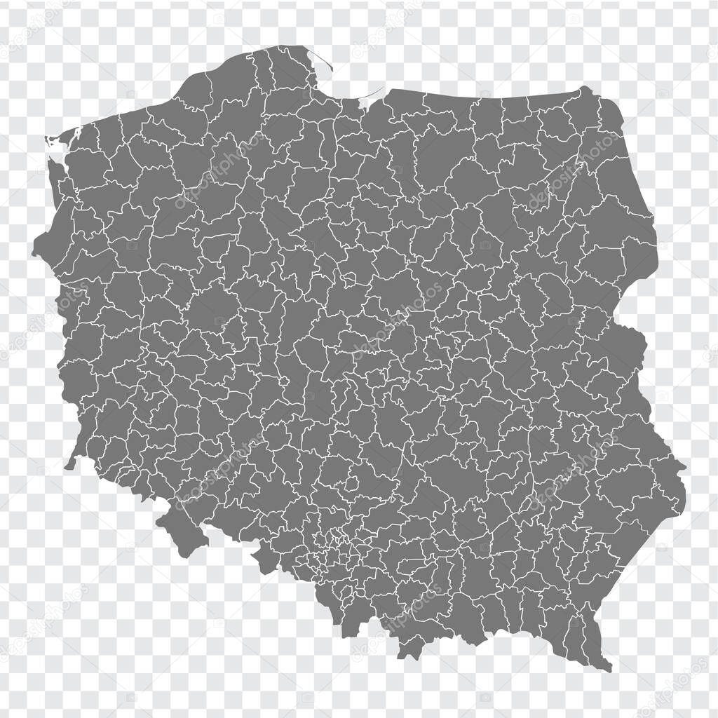 Blank map Republic of Poland. Districts of Poland map. High detailed vector map Poland on transparent background for your web site design, logo, app, UI. EPS10. 