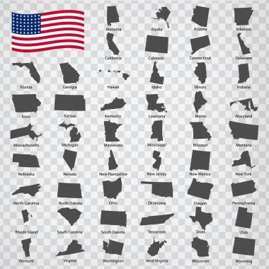 Amerika 'nın Elli Harita İstatistikleri. İsimli alfabetik sırayla. Her bir devlet haritası kelime ve başlıklarla listelenmiş ve izole edilmiştir. Amerika Birleşik Devletleri. EPS10. 