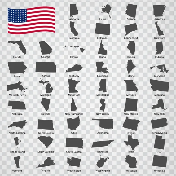 五十张美国地图 按字母顺序排列的名称 每一张国家地图都用文字和标题列出和分隔 美利坚合众国 Eps10 — 图库矢量图片
