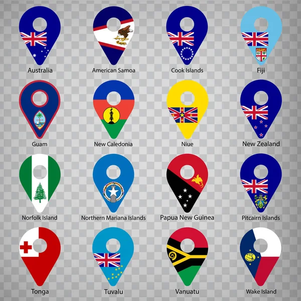 澳大利亚和大洋洲国家的16面旗帜 字母顺序和名称 一套2D的地理定位标志 如澳大利亚和大洋洲的国旗 16个地球定位标志 Eps10 — 图库矢量图片