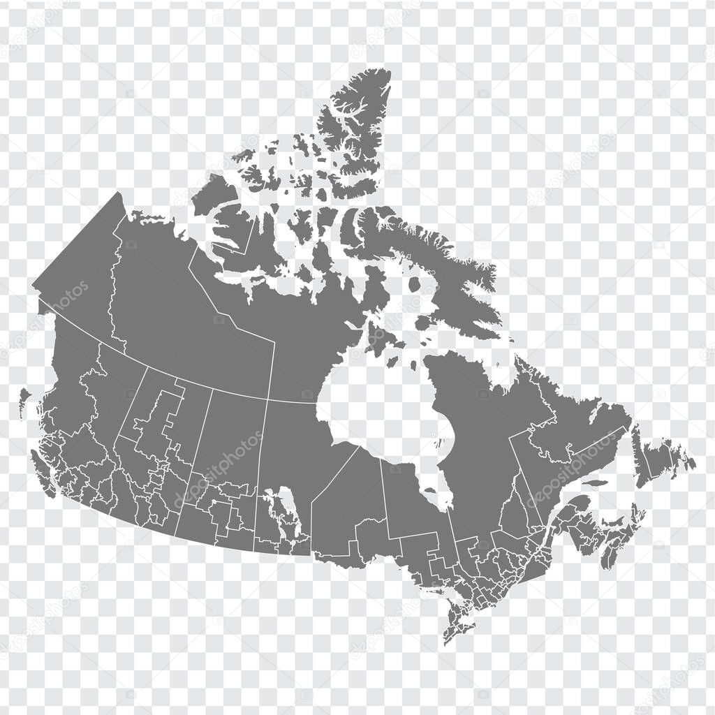 Blank map of Canada. High quality map of  Canada with Regions on transparent background for your web site design, logo, app, UI. North America. EPS10.