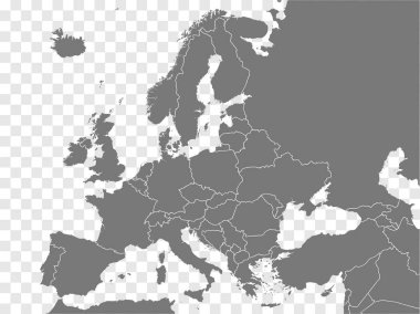 Avrupa vektörünü haritala. Gri benzer Avrupa haritası, şeffaf arkaplanda boş vektör. Gri, tüm ülkelerin ve Türkiye, İsrail, Ermenistan, Gürcistan, Azerbaycan sınırlarıyla benzer bir Avrupa haritası. EPS10.