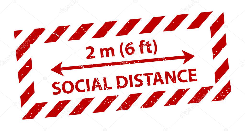 Social Distance rule red rubber seal stamp on white background.  Stamp Social Distance rubber text  inside. Red warning tapes. Fight COVID-19. EPS 10