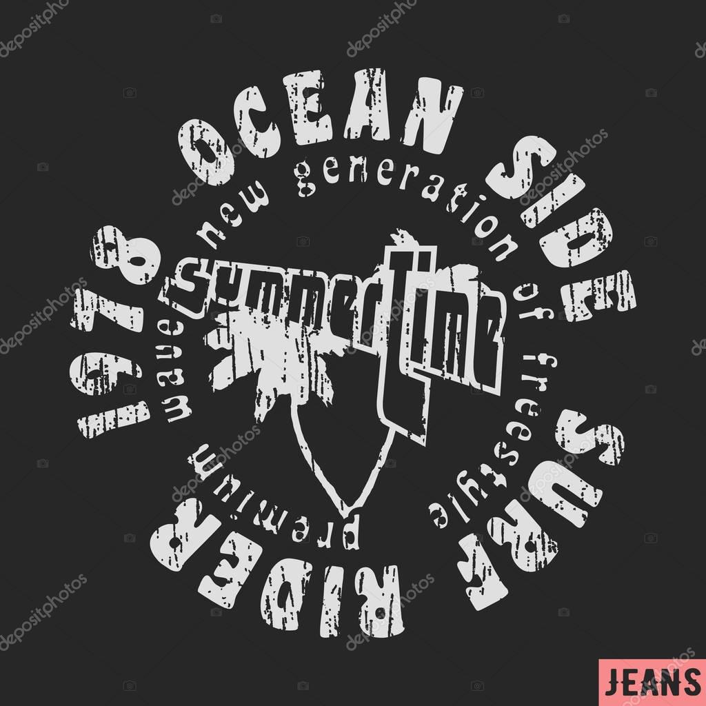T-shirt print design. Surf rider vintage stamp. Printing and badge applique label t-shirts, jeans, casual wear. Vector illustration.