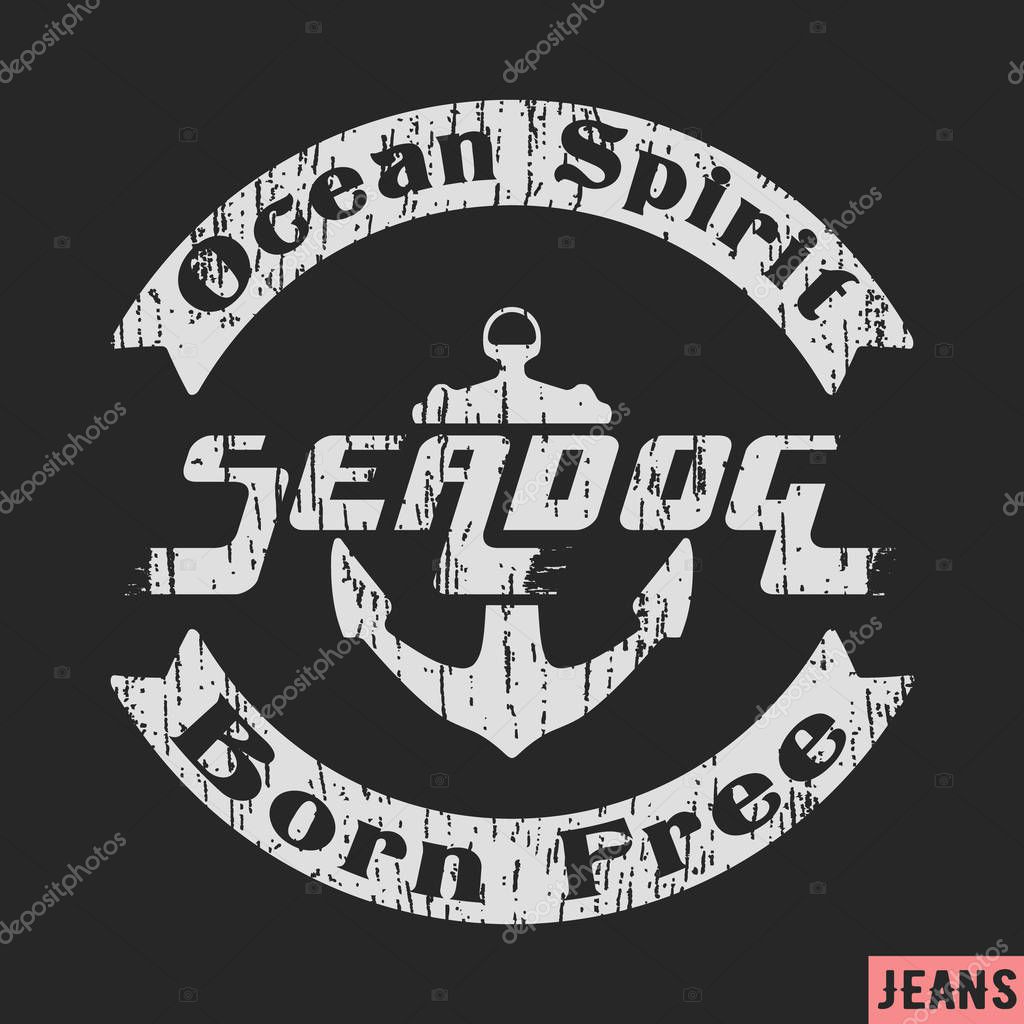 T-shirt print design. Sea dog vintage stamp. Printing and badge applique label t-shirts, jeans, casual wear. Vector illustration.