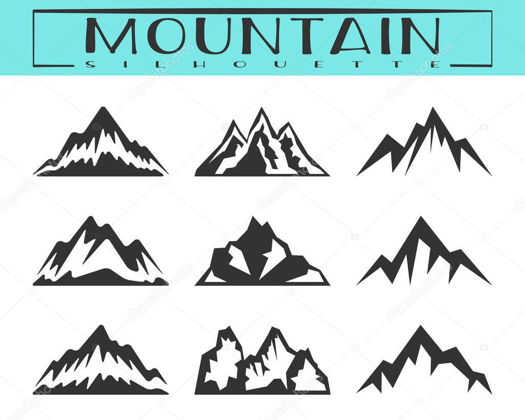 Mountain silhouette set. Design element for logo, icons, badges and labels. Camping, climbing, hiking, travel and outdoor recreation symbol. T-shirt print. Vector illustration