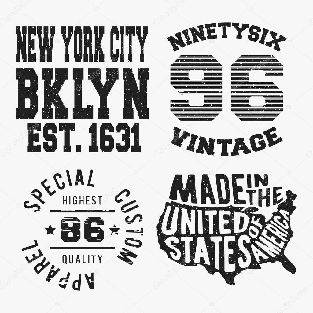 T-shirt print design. Set of various vintage stamp. Printing and badge applique label t-shirts, jeans, casual wear. Vector illustration.