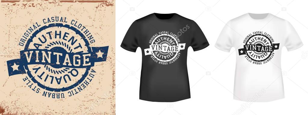 T-shirt print design. Vintage stamp and t shirt mockup . Printing and badge applique label t-shirts, jeans, casual wear. Vector illustration.