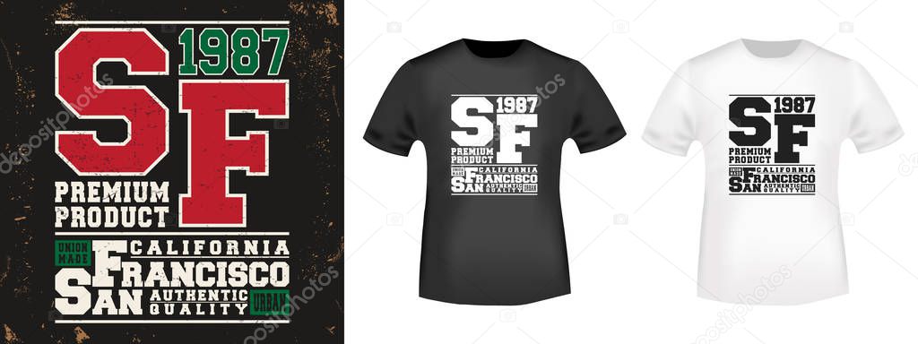 T-shirt print design. Vintage stamp and t shirt mockup. Printing and badge applique label t-shirts, jeans, casual wear. Vector illustration.