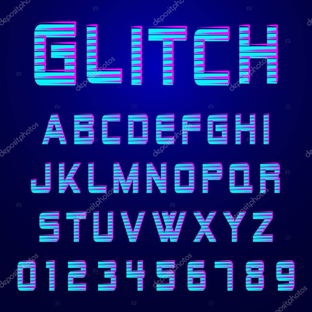 Alphabet font template. Set of letters and numbers glitch effect design. Vector illustration.