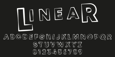 Alfabe harfleri ve doğrusal tasarım numaraları. Pullu yazı tipi şablonu. Vektör illüstrasyonu