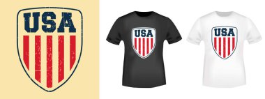 Tişörtler için Usa SHIELD tişört damgası. Moda, rozet, etiket, retro giysiler, kot pantolon ve günlük giysiler. Vektör illüstrasyonu