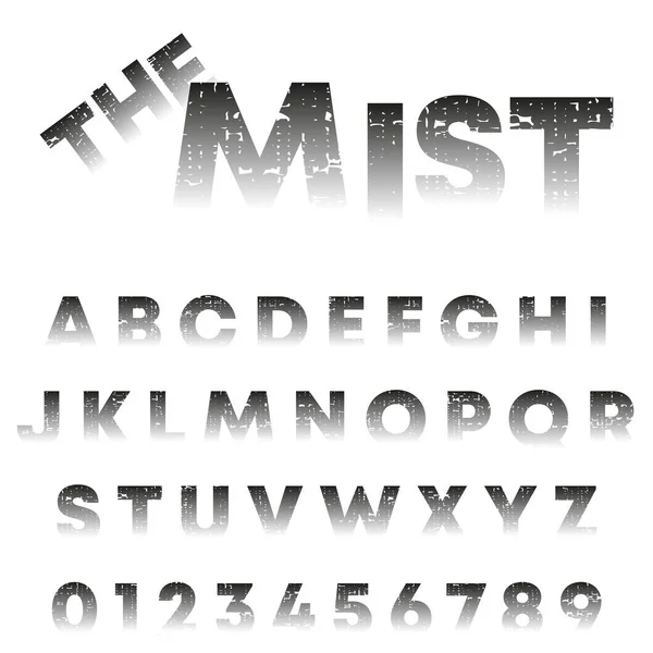 Το πρότυπο της Mist αλφάβητο. Γράμματα και αριθμοί με υφή grunge. Εικονογράφηση διανύσματος — Διανυσματικό Αρχείο